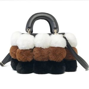 Women Brown Fur Pompom Balls Bag Handbag Crossbody real fur